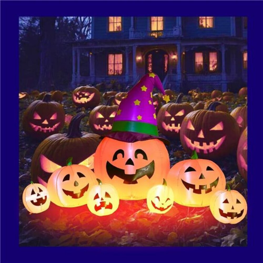 8 FT Long Halloween Inflatable Wizard Pumpkin Gang, Fall Outdoor Blow Up